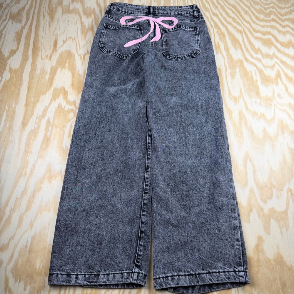 Y2K Baggy Acid Wash Black Wide Leg Jeans Pink Bow Back Detail Womens Size 1/25